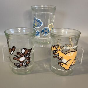 Vintage (3) Welch's Jelly Jar Juice Drinking Glasses TOM & JERRY 1990 T-REX 1988